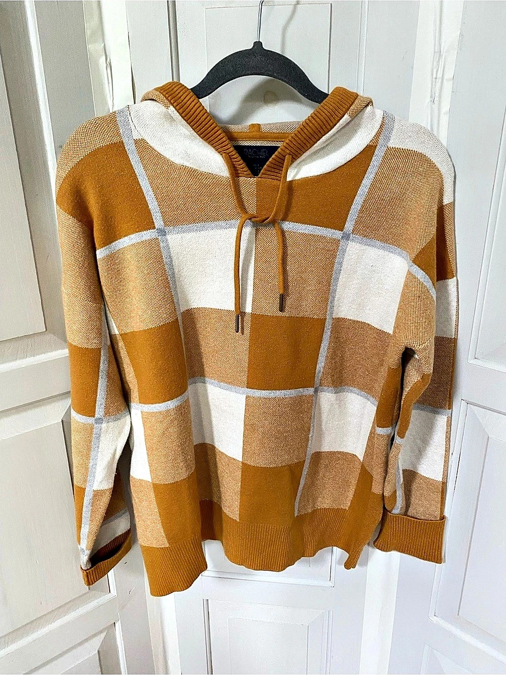 Rachel Roy Plaid Hoodie Sweater in Brown & Cream Large Like New